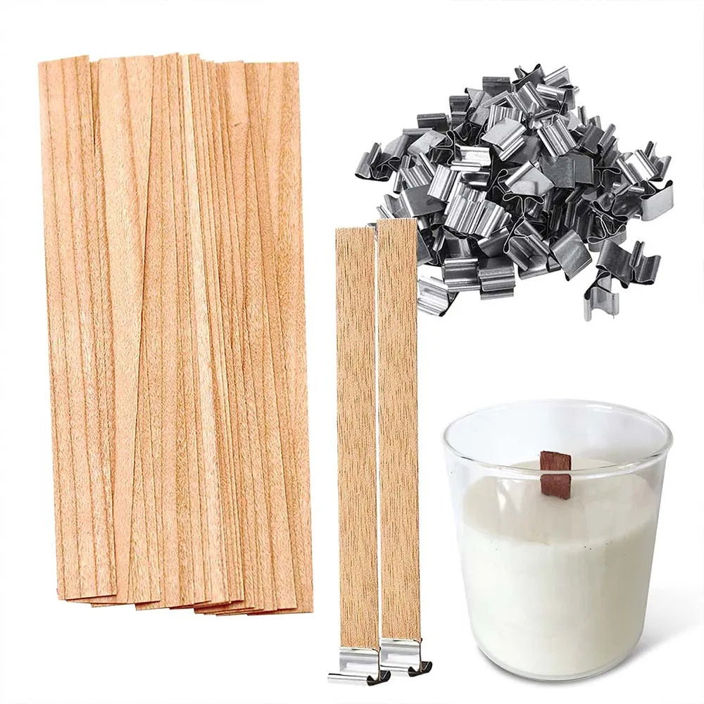 Wooden Candle Wicks with Metal Base Natural Wood Wick Cores for Soy Wax DIY Candle Making Supplies