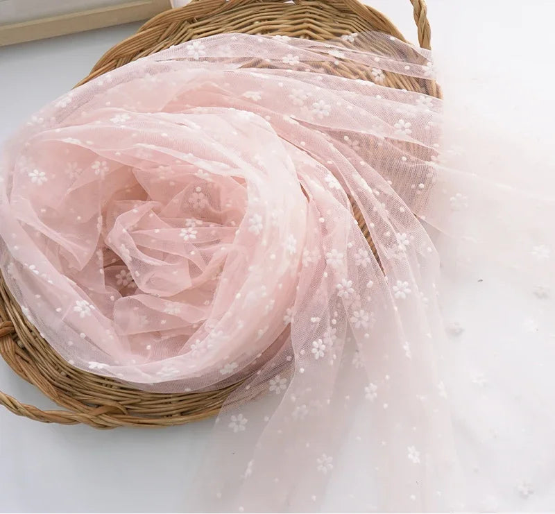 Flower Flocked Tulle Fabric 145x100cm Soft Mesh Fabric for Bridal Veil Princess Dress Doll Skirt Sewing Material