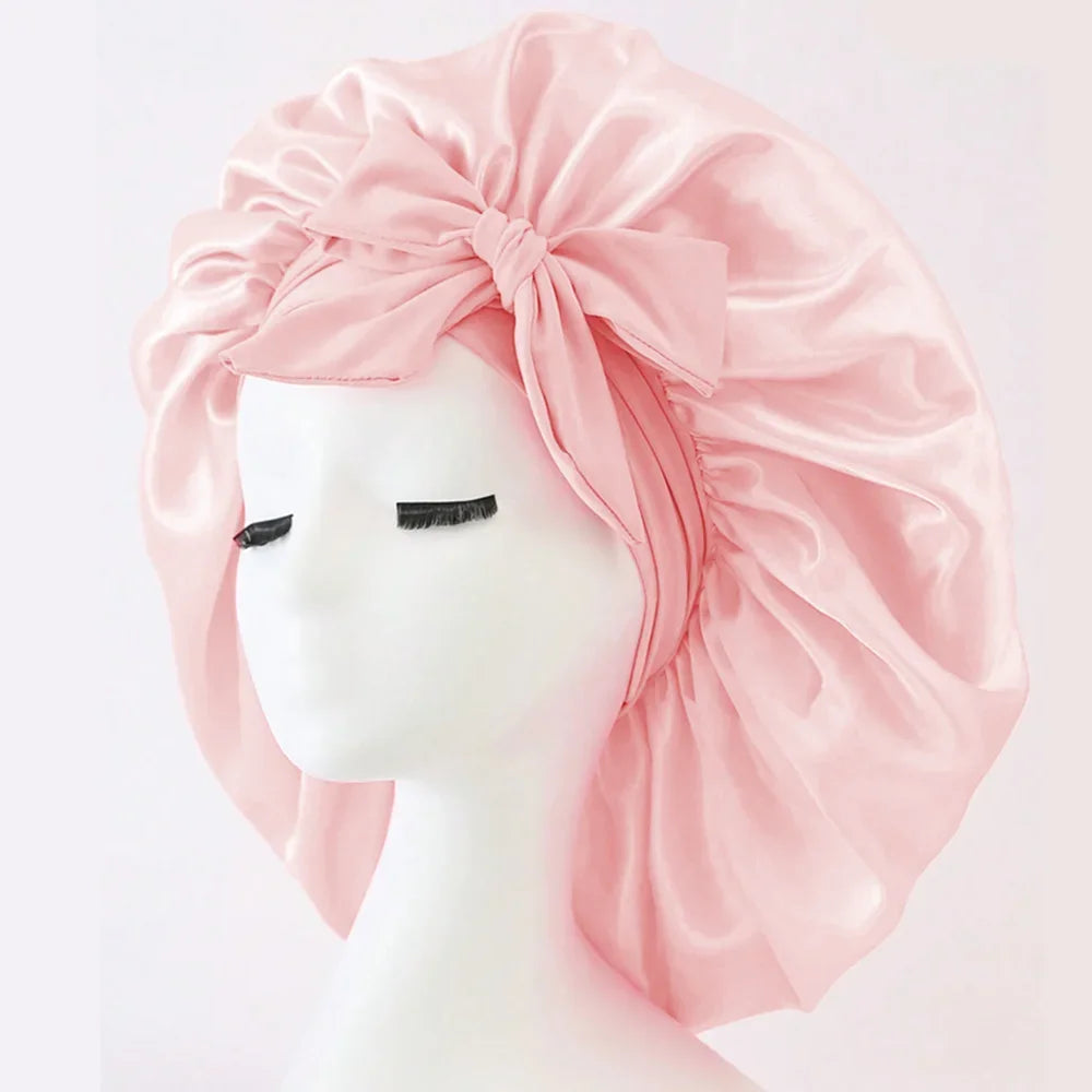 Satin Silk Hair Bonnet Adjustable Tie Band Wide-brimmed Night Sleeping Bathing Hat Bonnet for Women Unisex Protective Headwear