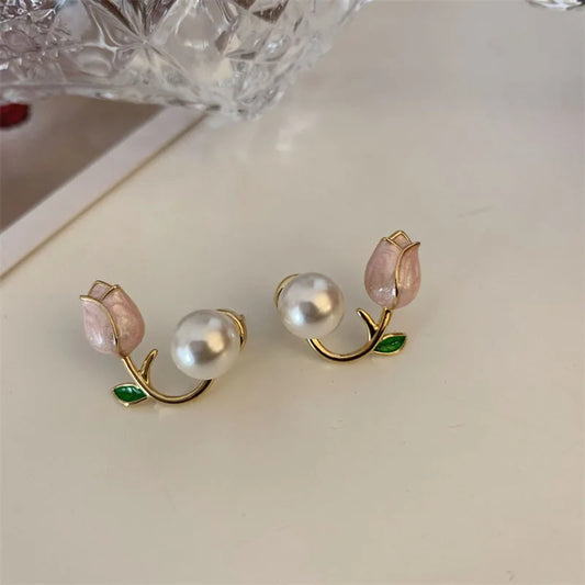 Elegante Franse Tulp Stud Oorbellen met Immitatie Parel - Een Vleugje Luxe voor Dames Zomer Mode - Perfect Cadeau voor Feesten!