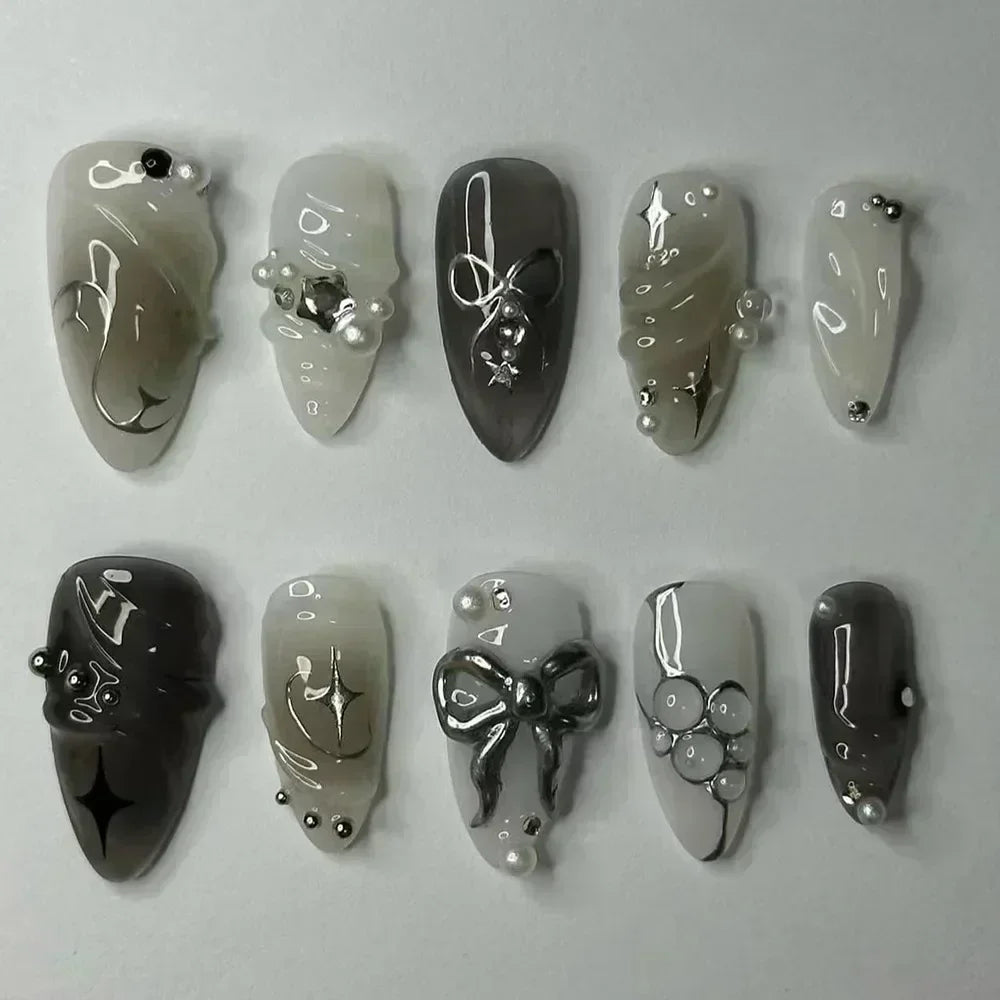 24-delige afneembare Franse nepvalse nagels set met bloem, amandelvorm, sterren en glitters ontwerp - Perfect voor DIY manicure liefhebbers!