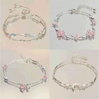 Charmante Kristallen Bloemenarmband voor Vrouwen - Y2K Zoete Meisjes' Maan Kersenbloesem Strik Zircon Luxe Sieraden Cadeau