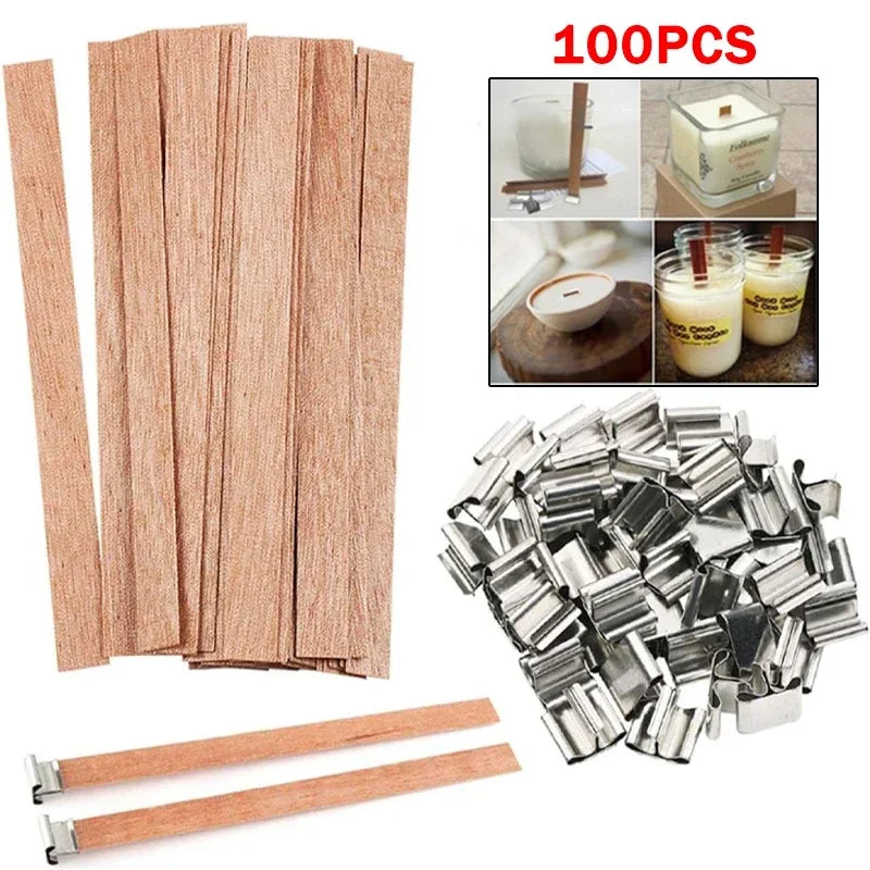 Wooden Candle Wicks with Metal Base Holders Flat Wood Wick Cores for DIY Soy Wax Candle Making