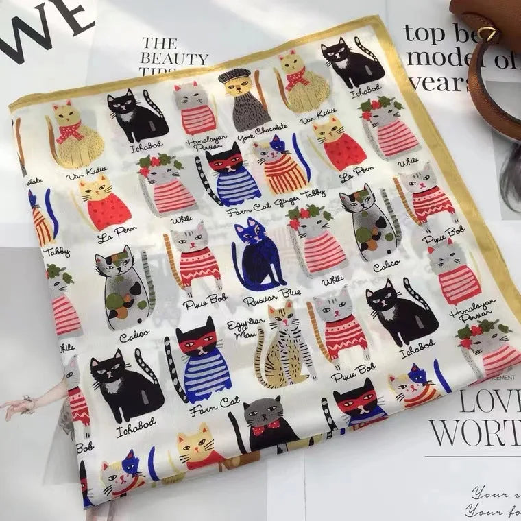 2024 Elegante Zijden Kattenprint Sjaal - Stijlvolle Hoofddoek & Sjaaltje voor Vrouwen - Luxueuze Satijnen Vierkante Sjaal & Multifuntionele Hijab Bandana