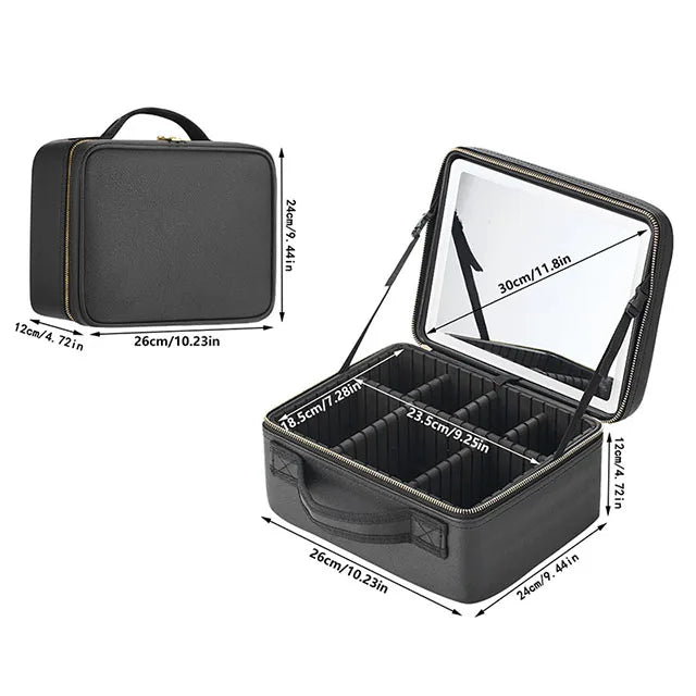 Strakke LED-verlichte cosmetica-etui met spiegel - Stijlvolle PU leren draagbare reismake-up organizer - Waterdichte make-upopslagoplossing