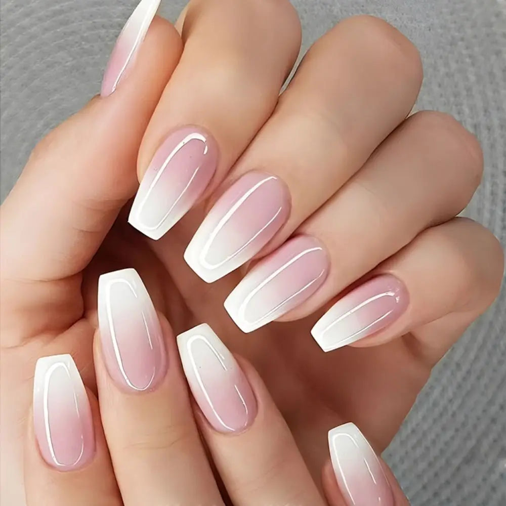 Set van 24 Eenvoudige Gradient Franse Ballerina Druknagels - Waterdichte Medium Coffin Stijl Nepnagels voor Moeiteloze Elegantie!