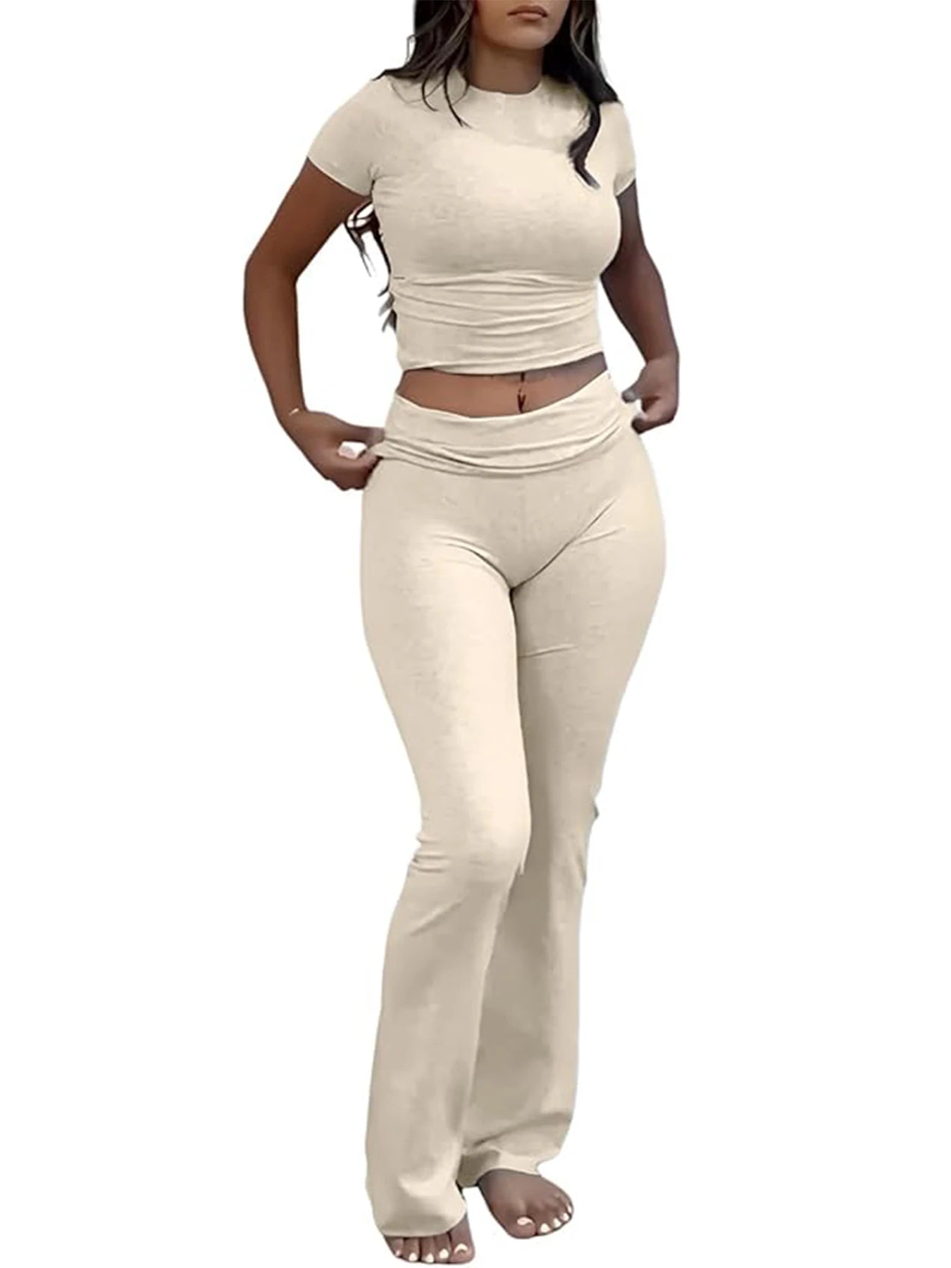 Trendy Casual Workout Twee-Delige Set voor Vrouwen: Korte Mouwen Crop Top met Hoge Taille Flared Broeken - Perfecte Streetwear Trainingsoutfit!