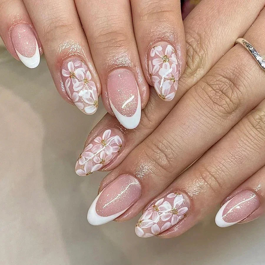 24-delige afneembare Franse nepvalse nagels set met bloem, amandelvorm, sterren en glitters ontwerp - Perfect voor DIY manicure liefhebbers!