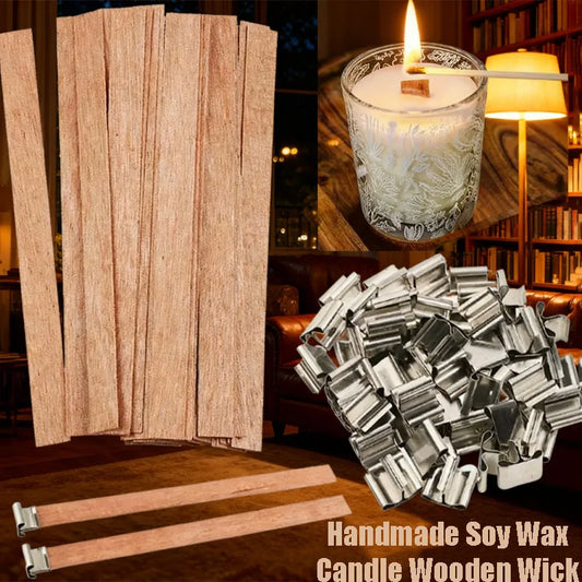 DIY Wood Wick Candle Kit with Metal Bases Smokeless Crackling Wicks for Soy Wax Scented Candle Making