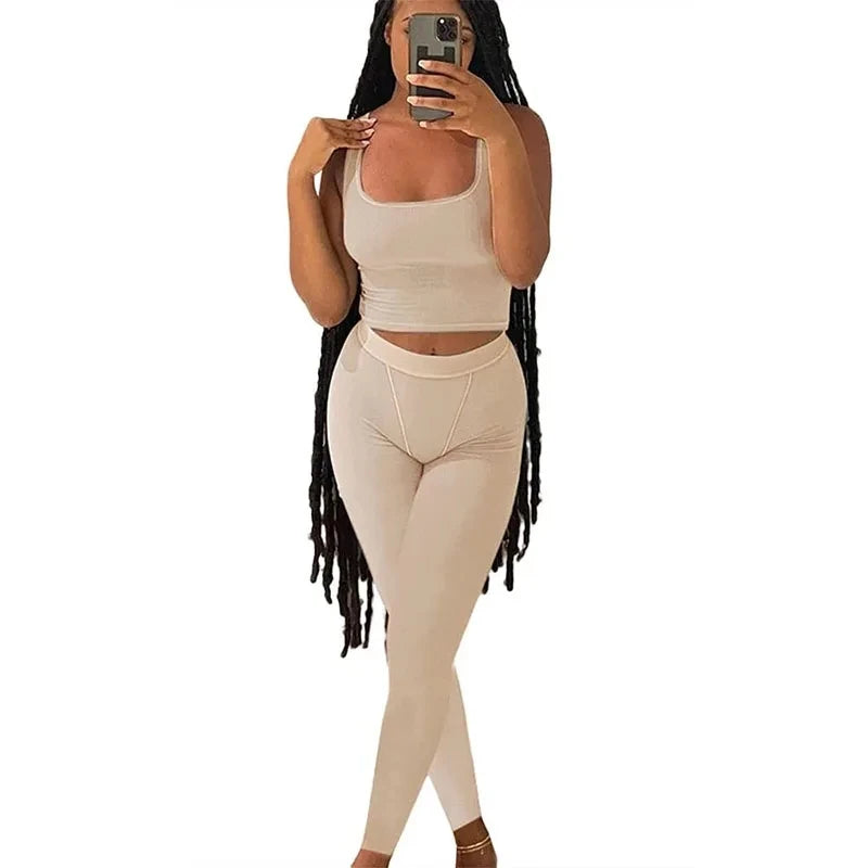 Chique Geribbelde 2-delige Zomer Lounge Set voor Vrouwen: Comfortabele Top & Rekbare Leggings Combinatie
