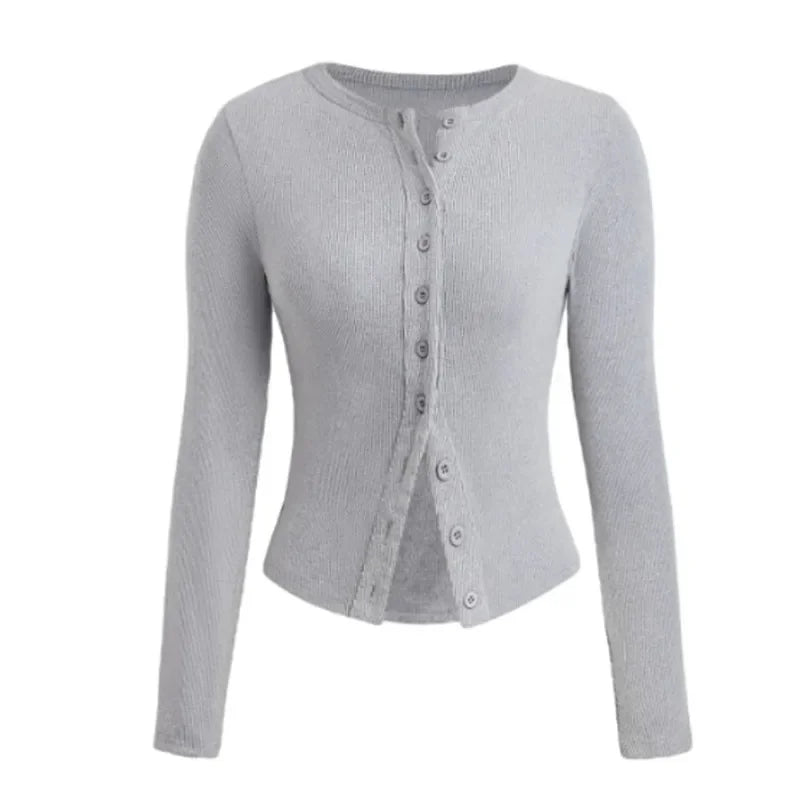 Chic Zomer Gebreide Ribbels Cropped Top voor Vrouwen - Stijlvolle Knop-Front Lange Mouwen Shirt Perfect voor Uitgaansleven en Streetwear Esthetiek!