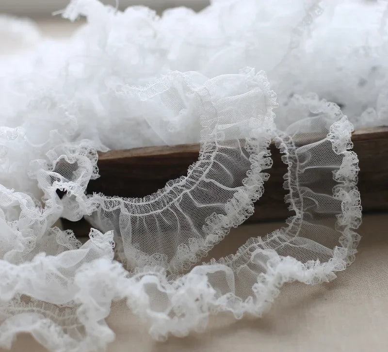 White Ruffle Lace Trim 5cm Pleated Embroidered Mesh Fabric Sewing Trim for Wedding Garment DIY Crafts