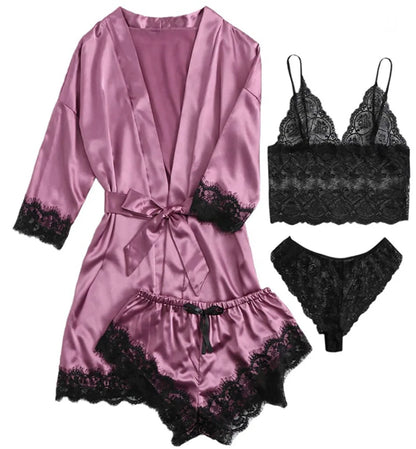 Verhoog je nachtelijke comfort: Stijlvolle dames 4-delige kanten satijnen pyjama set voor ontspanning en slapen