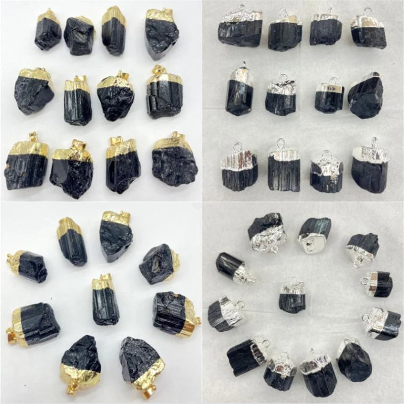 Raw Black Tourmaline Pendant Set 12pcs Natural Crystal Charm Gold Edge Irregular Stone for Jewelry Making Reiki Supplies