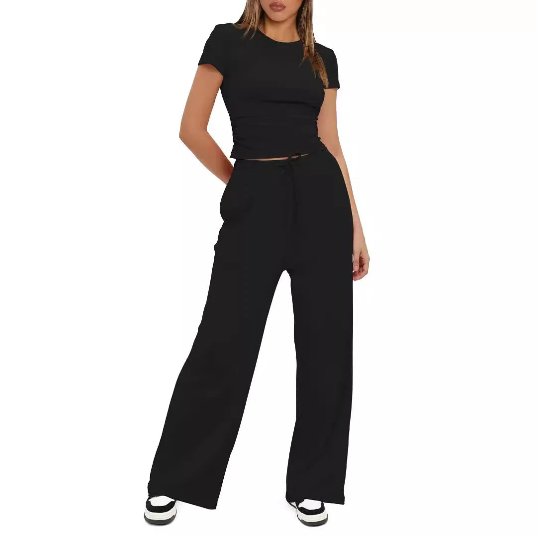 Stijlvolle Dames Twee-delige Set: T-shirt en Wijde Broek met Hoge Taille - Perfect voor Yoga, Sport en Casual Wear in Levensgrote Kleuren!