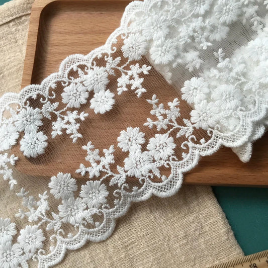 Cotton Embroidered Flower Lace Trim 1 Yard White Floral Ribbon 13.5cm Wide Sewing Curtain Dress DIY Craft Supplies