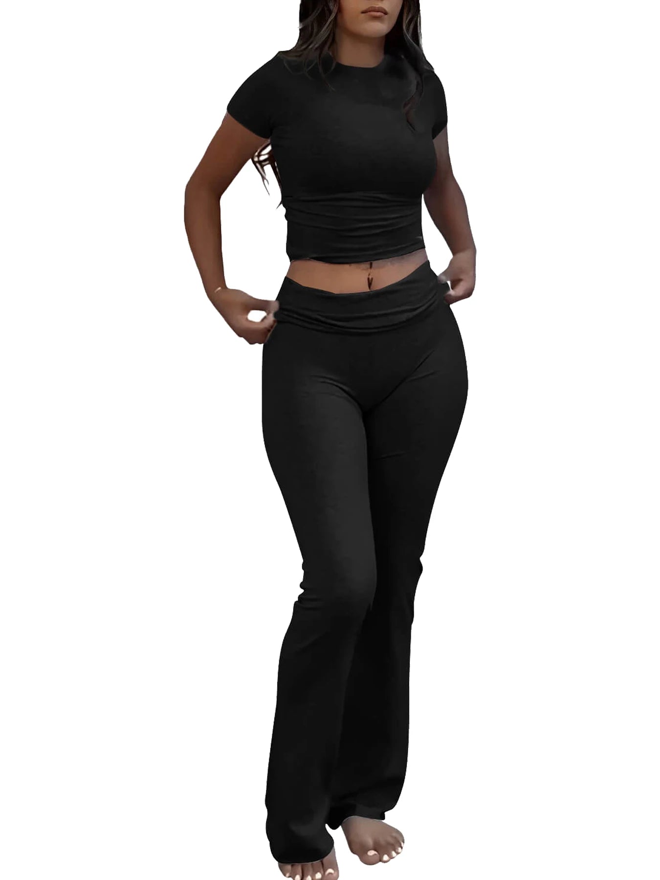 Trendy Casual Workout Twee-Delige Set voor Vrouwen: Korte Mouwen Crop Top met Hoge Taille Flared Broeken - Perfecte Streetwear Trainingsoutfit!