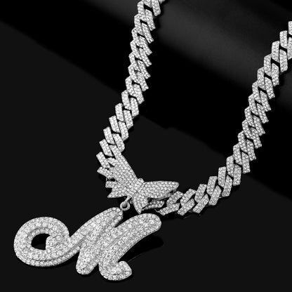 Trendy 14MM Gouden en Zilveren Cubaanse Ketting met Micro Geplaveide Vlinder Letter Initialen – Perfect Cadeau voor Vrouwen in Hip-Hop Stijl