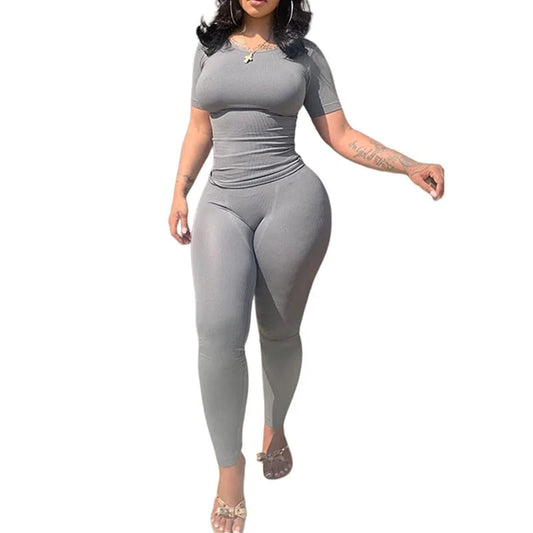 Chique Geribbelde 2-delige Zomer Lounge Set voor Vrouwen: Comfortabele Top & Rekbare Leggings Combinatie