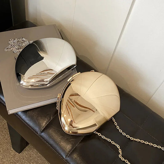 Chique Acrylaat Schelp Clutch Tas - Elegante Gouden & Zilveren Avondhandtas voor Vrouwen - Stijlvolle Glanzende Metalen Schouder- en Crossbodytas - Perfect voor Feesten!