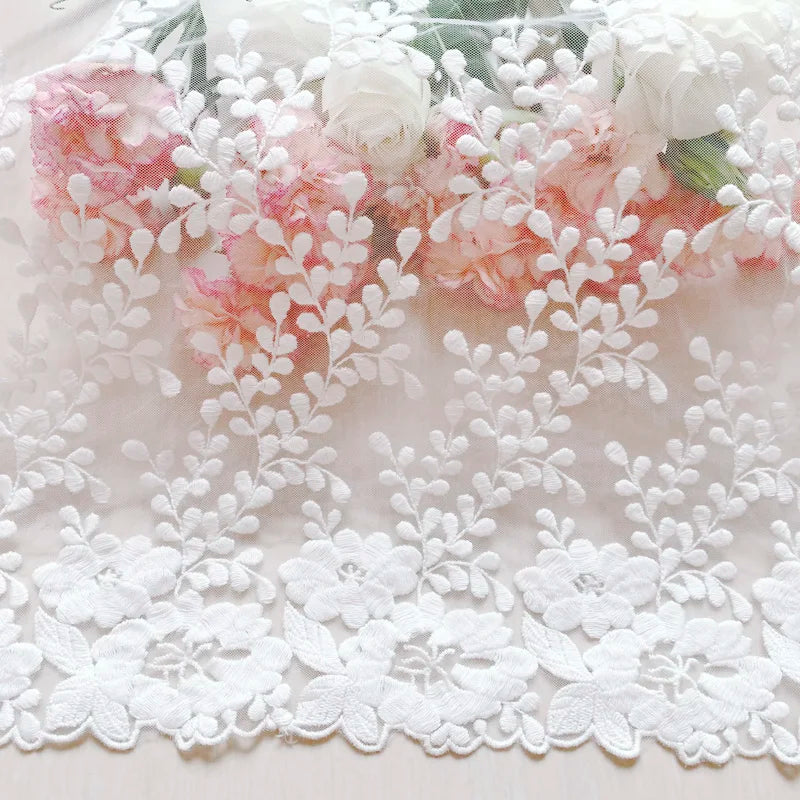 White Embroidered Lace Fabric 1 Yard Floral Mesh Lace Trim for Dress Sewing Wedding DIY Garment Decor