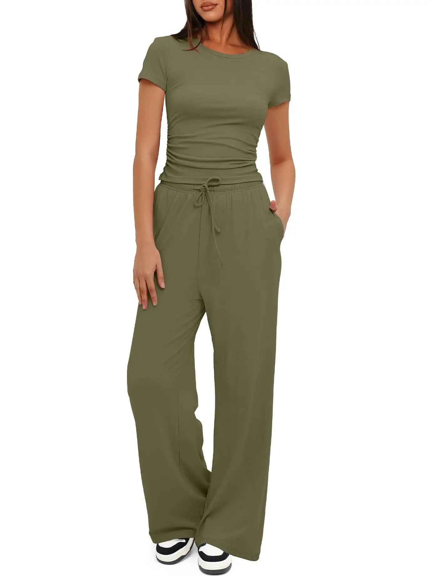 Stijlvolle Dames Twee-delige Set: T-shirt en Wijde Broek met Hoge Taille - Perfect voor Yoga, Sport en Casual Wear in Levensgrote Kleuren!