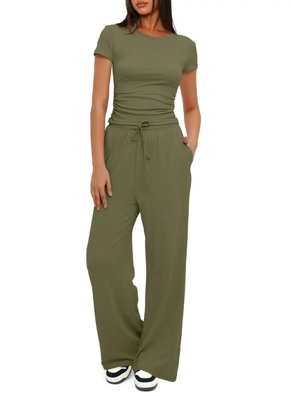 Stijlvolle Dames Twee-delige Set: T-shirt en Wijde Broek met Hoge Taille - Perfect voor Yoga, Sport en Casual Wear in Levensgrote Kleuren!