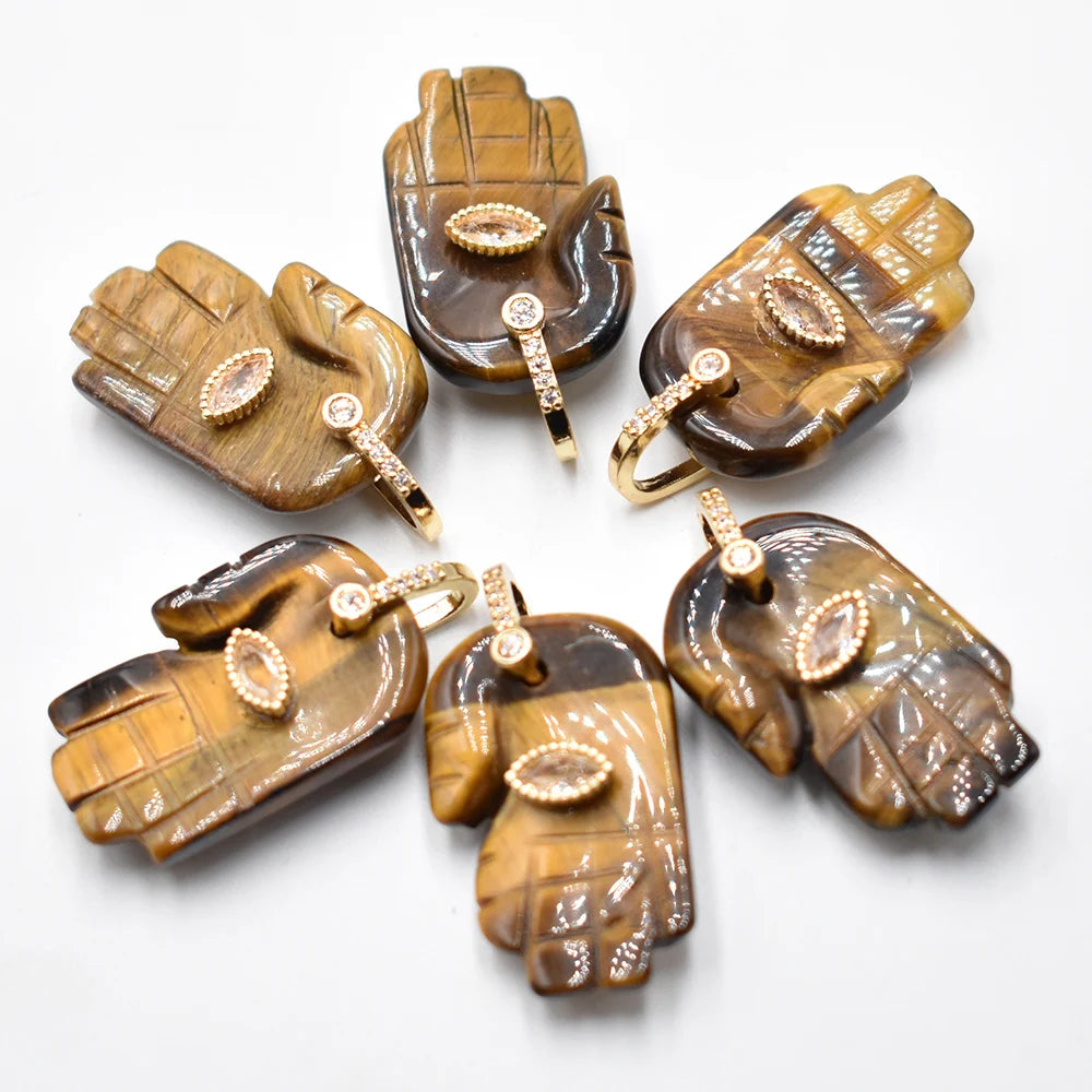 Natural Stone Hamsa Hand Charms 6pcs Carved Amethyst Rose Quartz Palm Pendants for Jewelry Making DIY Necklace Supplies