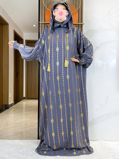 Elegante Katoenen Ramadan Abaya met Dubbele Hoeden - Prachtig Goudstofontwerp voor Moslimvrouwen met Gebed en Speciale Gelegenheden - Geïnspireerd door Dubai en Turkse Kaftanstijlen