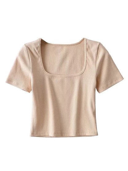 Chic Dames Vierkante Hals Geribbelde Crop Tee met Korte Mouwen