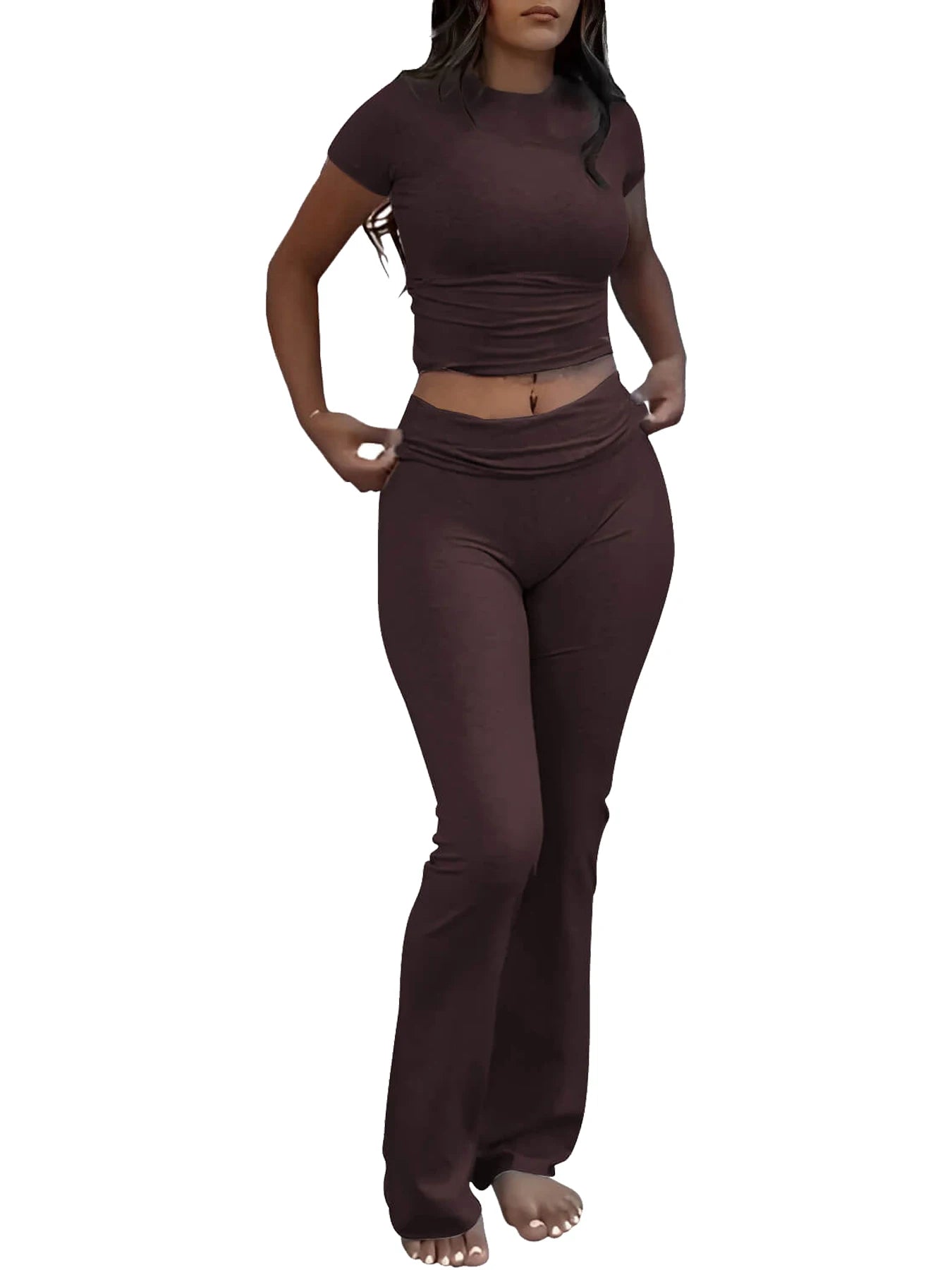 Trendy Casual Workout Twee-Delige Set voor Vrouwen: Korte Mouwen Crop Top met Hoge Taille Flared Broeken - Perfecte Streetwear Trainingsoutfit!