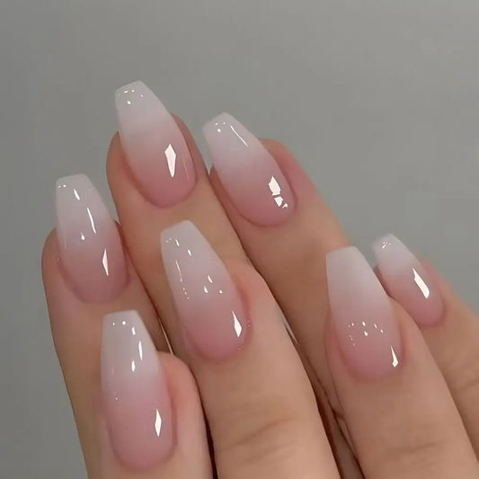 Set van 24 Eenvoudige Gradient Franse Ballerina Druknagels - Waterdichte Medium Coffin Stijl Nepnagels voor Moeiteloze Elegantie!