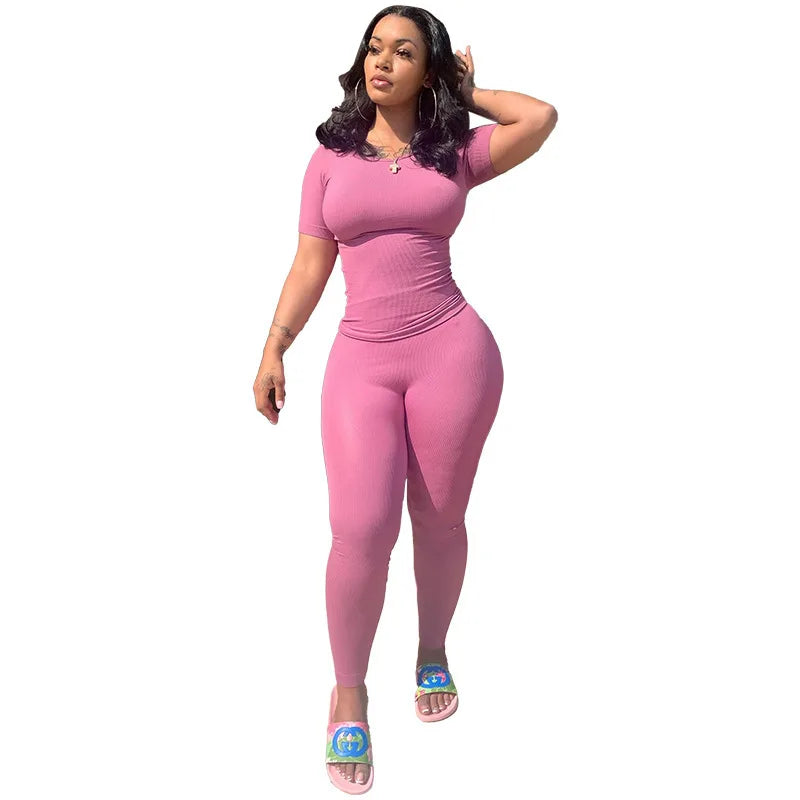 Chique Geribbelde 2-delige Zomer Lounge Set voor Vrouwen: Comfortabele Top & Rekbare Leggings Combinatie