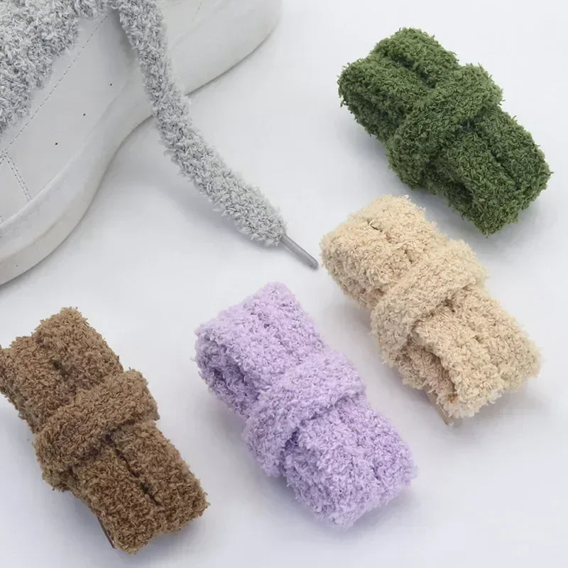 Trendy Coolstring 15mm Wide Flat Plush Towel Shoelaces Big Fat Fluffy Fuzzy Design Perfect for Women Casual Sneakers Lady Shoes