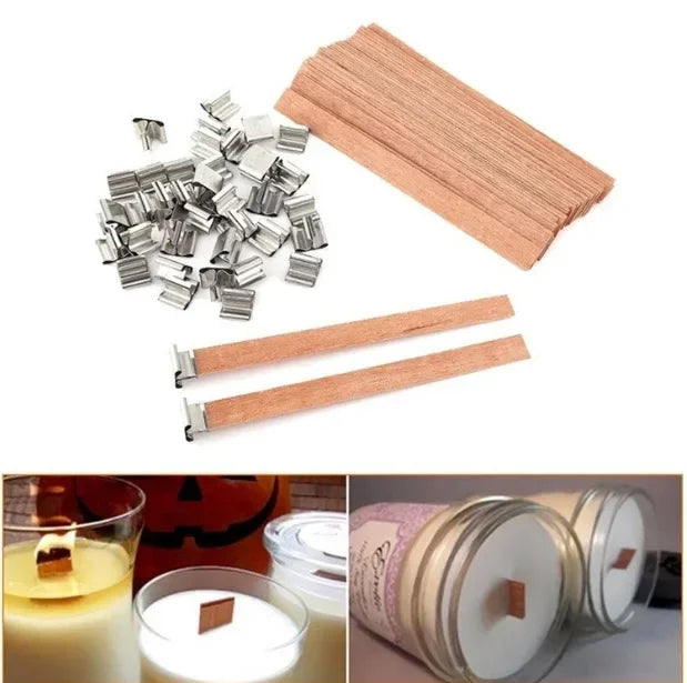Wooden Candle Wicks with Metal Base Holders Flat Wood Wick Cores for DIY Soy Wax Candle Making