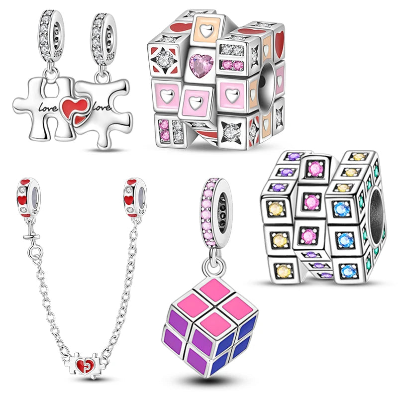 925 Sterling Silver Puzzle Charms Bead with Zircon Inlay DIY Bracelet Pendant Jewelry Making Supplies