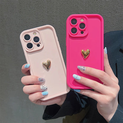 Luxueuze 3D Gouden Hart Siliconen Telefoonhoes - Zachte, Schokbestendige Candy Matte Cover voor iPhone 15, 14, 13, 12, 11, 16 Pro Max, XS, XR, 7, 8 Plus en SE 2020