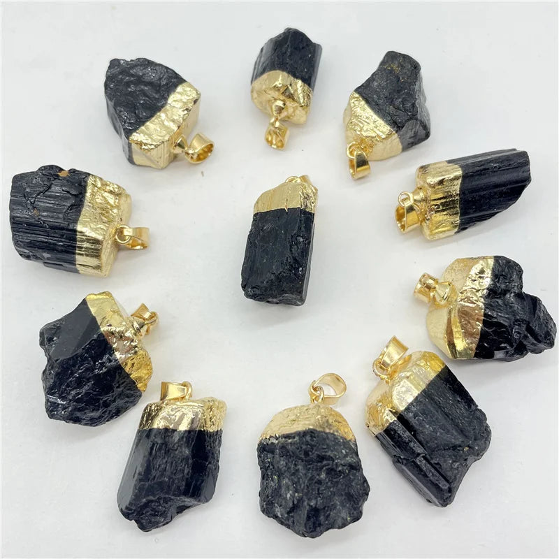 Raw Black Tourmaline Pendant Set 12pcs Natural Crystal Charm Gold Edge Irregular Stone for Jewelry Making Reiki Supplies