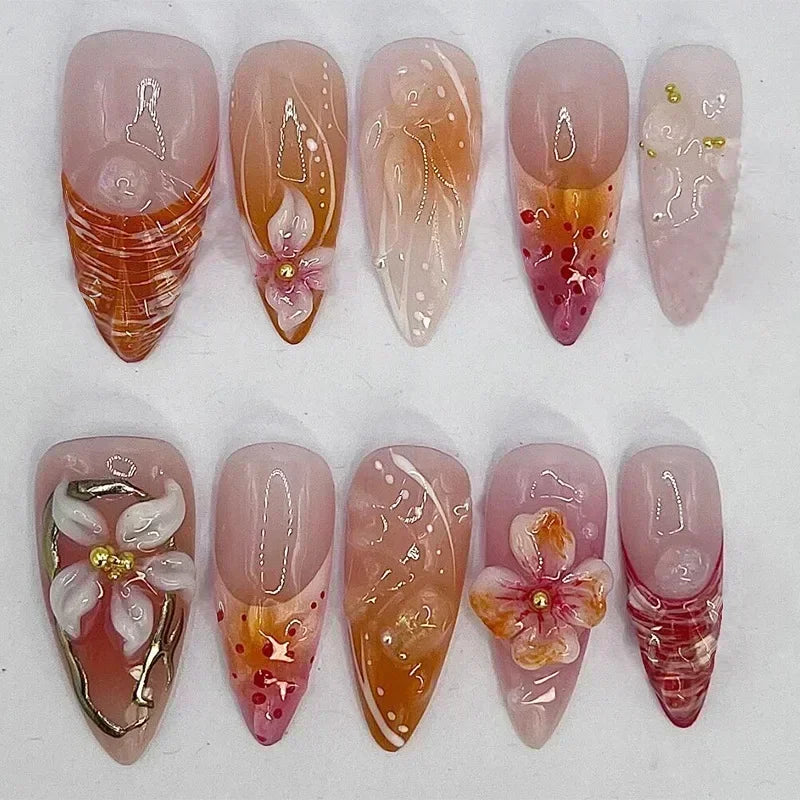 24-delige afneembare Franse nepvalse nagels set met bloem, amandelvorm, sterren en glitters ontwerp - Perfect voor DIY manicure liefhebbers!