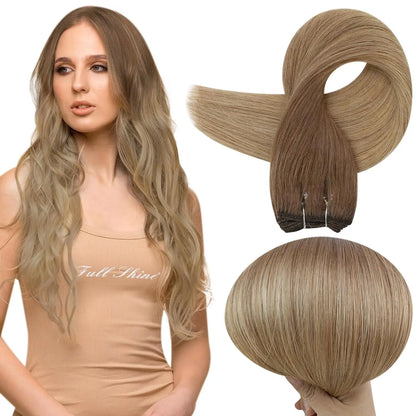 Verander Je Uiterlijk met Full Shine Ombre Blonde Menselijk Haar Weft Extensions - Zijdeachtig Steil 100g Remy Skin Dubbele Weft Bundels voor een Perfecte Salonafwerking!