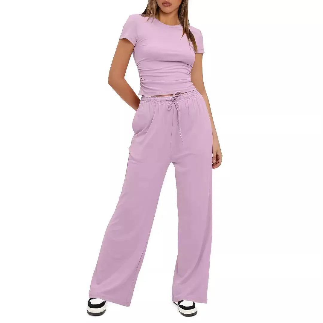 Stijlvolle Dames Twee-delige Set: T-shirt en Wijde Broek met Hoge Taille - Perfect voor Yoga, Sport en Casual Wear in Levensgrote Kleuren!
