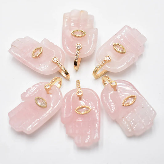 Natural Stone Hamsa Hand Charms 6pcs Carved Amethyst Rose Quartz Palm Pendants for Jewelry Making DIY Necklace Supplies