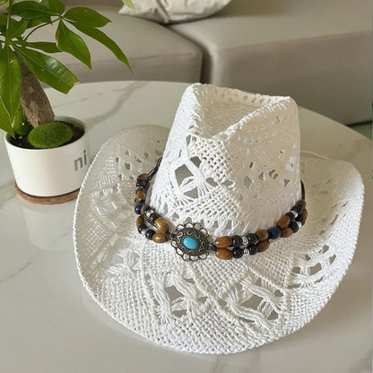 Stijlvolle Vintage Boheemse Strohoed met Houten Kralen - Perfect voor Zomerse Stranddagen en Westerse Avonturen!