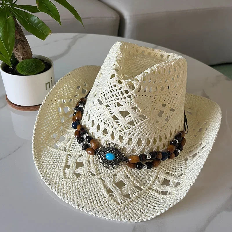 Stijlvolle Vintage Boheemse Strohoed met Houten Kralen - Perfect voor Zomerse Stranddagen en Westerse Avonturen!