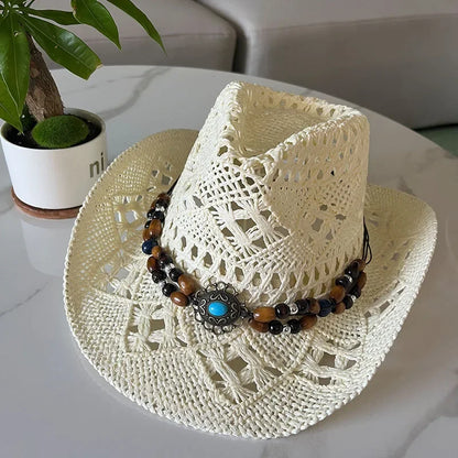 Stijlvolle Vintage Boheemse Strohoed met Houten Kralen - Perfect voor Zomerse Stranddagen en Westerse Avonturen!