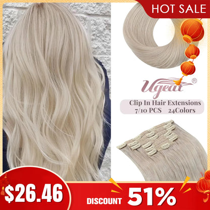 [16 Kleuren] Ugeat Clip in Haarextensions Menselijk Haar 14-22" Dubbele Weft Remy Haar Volledige Hoofd Clip in Extensions voor Vrouwen 7 Stuks