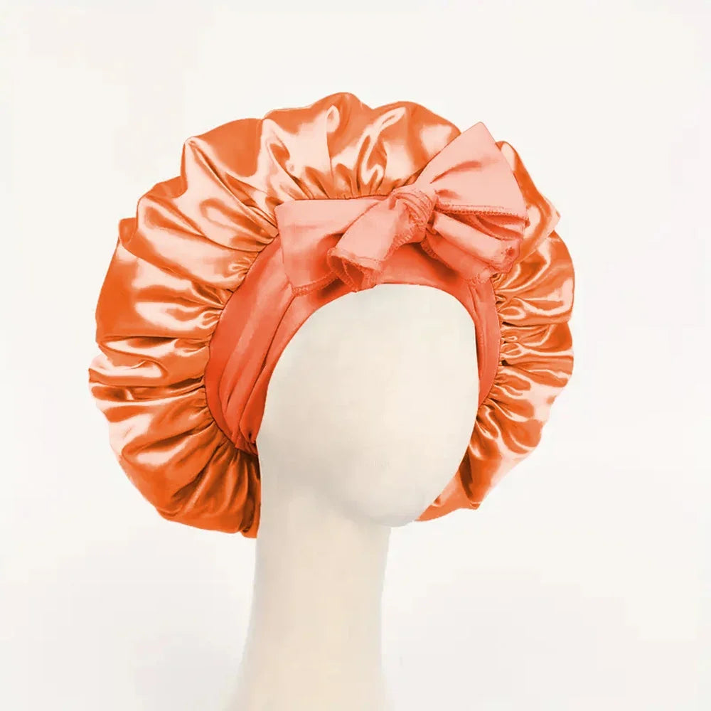 Satin Silk Hair Bonnet Adjustable Tie Band Wide-brimmed Night Sleeping Bathing Hat Bonnet for Women Unisex Protective Headwear