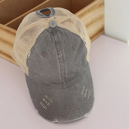 Chic Vintage Paardenstaart Baseballcap voor Dames - Verstelbare Snapback Mesh Zomerhoed met Versleten Afwerking