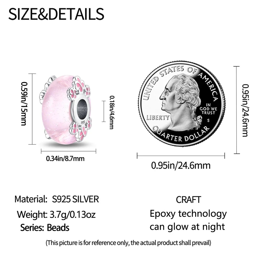925 Sterling Silver Cherry Blossom Charm Pink Flower Bead Fit Bracelets DIY Jewelry Gift for Women