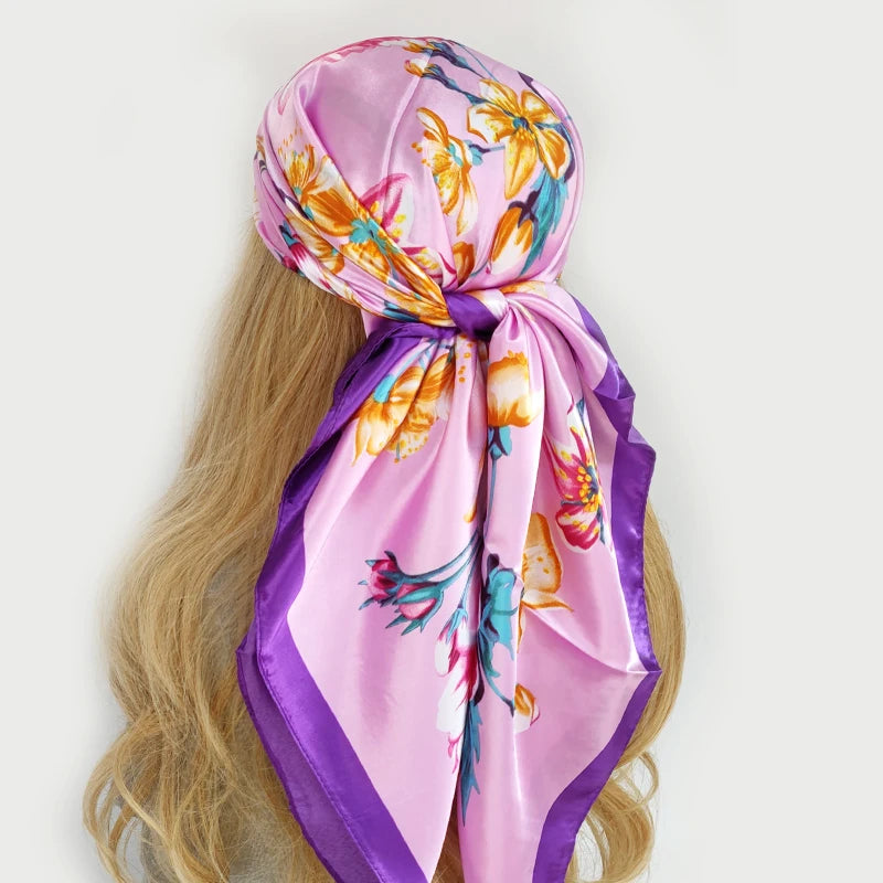 Elegante 90x90cm Bloemen Haar Sjaal voor Vrouwen - Stylish Designer Zachte Satijnen Sjaal & Halsdoek - Perfecte Vierkante Zijden Hals- & Haar Sjaal